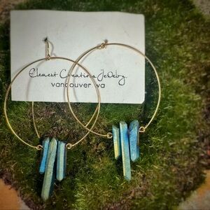 MYSTIC BLUE TITANIUM Coated Quartz Crystal 12k Gold Hand Crafted Hoop Earrings